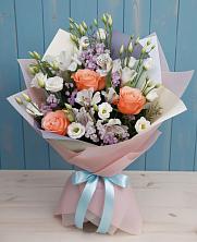 Букет Утренняя свежесть в Александровке Оренбургской области Букет цветов из: Лизиантусы, Розы, Альстромерии и Гипсофила в Александровке Оренбургской области